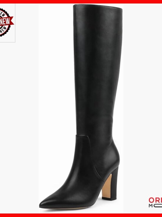 Shoes - Knee High Boots with 3.5 Inch Block Heel, Side Zipper, Pointed Toe